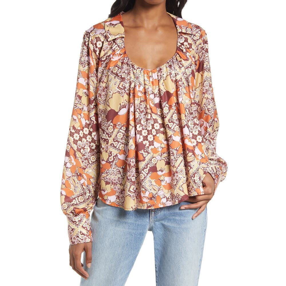 Free People Floral Patchwork Scoop Neck Peasant Blouse in Peach & Brown